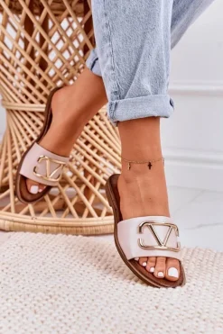 Damskie Klasyczne Skórzane Klapki Beżowe Evie