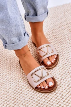 Damskie Klasyczne Skórzane Klapki Beżowe Evie