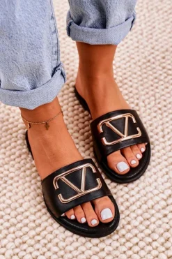 Damskie Klasyczne Skórzane Klapki Czarne Evie