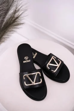 Damskie Klasyczne Skórzane Klapki Czarne Evie