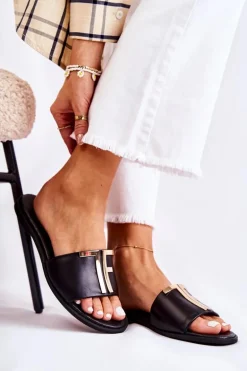 Damskie Klasyczne Skórzane Klapki Czarne Adele