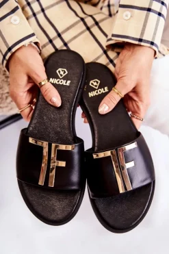 Damskie Klasyczne Skórzane Klapki Czarne Adele