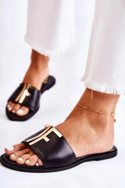 Damskie Klasyczne Skórzane Klapki Czarne Adele