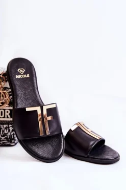 Damskie Klasyczne Skórzane Klapki Czarne Adele