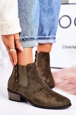 Damskie Klasyczne Sztyblety Botki Zamszowe Ciemno Zielone Walker