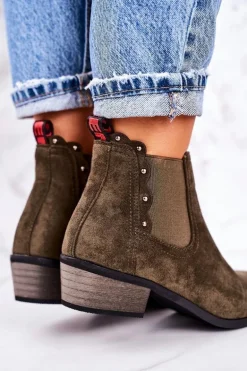 Damskie Klasyczne Sztyblety Botki Zamszowe Ciemno Zielone Walker