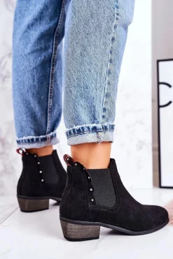 Damskie Klasyczne Sztyblety Botki Zamszowe Czarne Walker