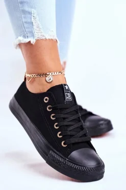 Damskie Klasyczne Trampki Czarne Ze Złotymi Oczkami Ecoma