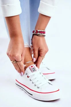 Damskie Klasyczne Trampki Białe Z Czerwoną Lamówką Ecoma