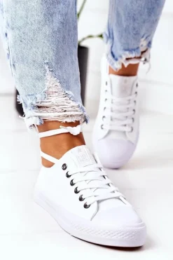 Damskie Klasyczne Trampki Białe Ze Srebrnymi Oczkami Ecoma