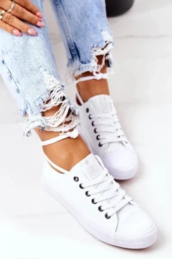 Damskie Klasyczne Trampki Białe Ze Srebrnymi Oczkami Ecoma