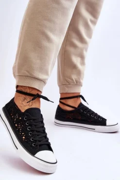 Damskie Koronkowe Materiałowe Trampki Czarne Fergo