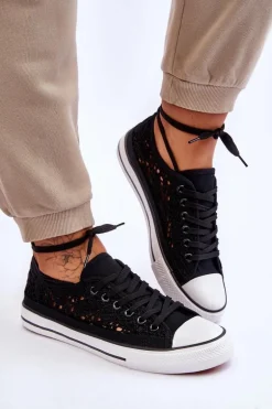 Damskie Koronkowe Materiałowe Trampki Czarne Fergo