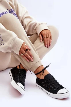 Damskie Koronkowe Materiałowe Trampki Czarne Fergo