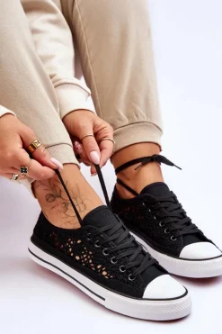 Damskie Koronkowe Materiałowe Trampki Czarne Fergo