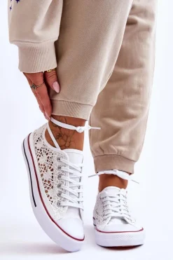 Damskie Koronkowe Materiałowe Trampki Białe Fergo