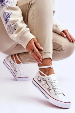 Damskie Koronkowe Materiałowe Trampki Białe Fergo