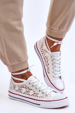 Damskie Koronkowe Materiałowe Trampki Białe Fergo