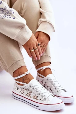 Damskie Koronkowe Materiałowe Trampki Białe Fergo