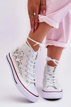 Damskie Koronkowe Wysokie Trampki Białe Cornella