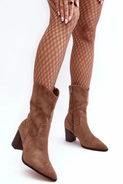 Damskie Kowbojki Botki Na Słupku Ciemnobeżowe Danell