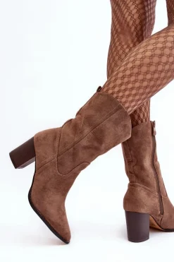 Damskie Kowbojki Botki Na Słupku Ciemnobeżowe Danell