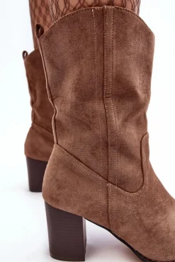 Damskie Kowbojki Botki Na Słupku Ciemnobeżowe Danell