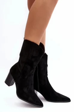 Damskie Kowbojki Botki Na Słupku Czarne Danell