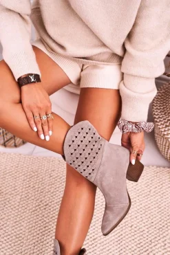 Damskie Kowbojskie Botki Na Słupku Zamszowe Cappuccino Emily