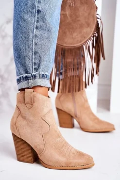 Damskie Kowbojskie Ocieplane Botki Na Słupku Beżowe Margaret