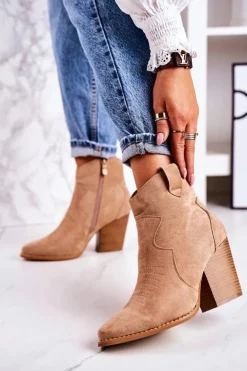 Damskie Kowbojskie Ocieplane Botki Na Słupku Beżowe Margaret