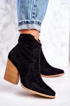 Damskie Kowbojskie Ocieplane Botki Na Słupku Czarne Margaret