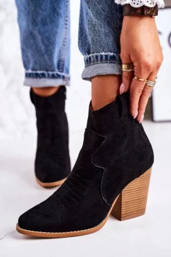 Damskie Kowbojskie Ocieplane Botki Na Słupku Czarne Margaret