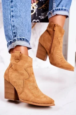 Damskie Kowbojskie Ocieplane Botki Na Słupku Karmelowe Margaret