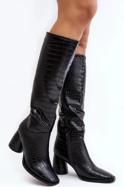 Damskie Kozaki Do Kolana Na Słupku Wężowy Wzór Czarne Ceriona