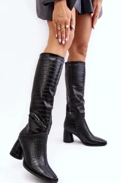 Damskie Kozaki Do Kolana Na Słupku Wężowy Wzór Czarne Ceriona
