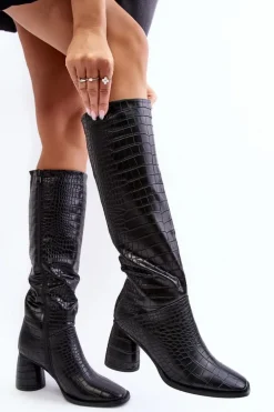Damskie Kozaki Do Kolana Na Słupku Wężowy Wzór Czarne Ceriona