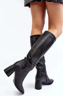 Damskie Kozaki Do Kolana Na Słupku Wężowy Wzór Czarne Ceriona