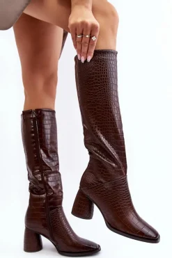Damskie Kozaki Do Kolana Na Słupku Wężowy Wzór Brązowe Ceriona