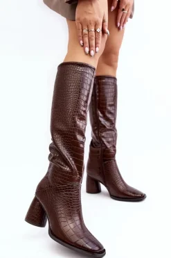 Damskie Kozaki Do Kolana Na Słupku Wężowy Wzór Brązowe Ceriona