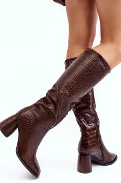 Damskie Kozaki Do Kolana Na Słupku Wężowy Wzór Brązowe Ceriona