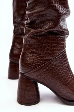 Damskie Kozaki Do Kolana Na Słupku Wężowy Wzór Brązowe Ceriona