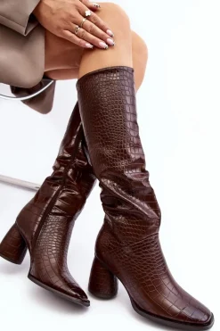 Damskie Kozaki Do Kolana Na Słupku Wężowy Wzór Brązowe Ceriona