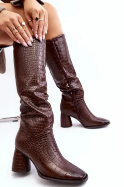 Damskie Kozaki Do Kolana Na Słupku Wężowy Wzór Brązowe Ceriona