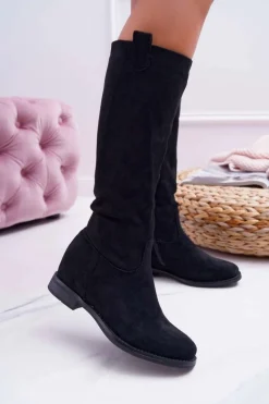 Damskie Kozaki Do Połowy Łydki Zamszowe Czarne Temet