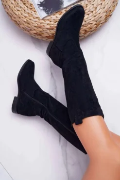 Damskie Kozaki Do Połowy Łydki Zamszowe Czarne Temet