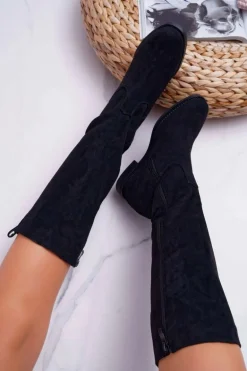 Damskie Kozaki Do Połowy Łydki Zamszowe Czarne Temet