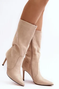 Damskie Kozaki Do Połowy Łydki Na Szpilce Beżowe Odetteia
