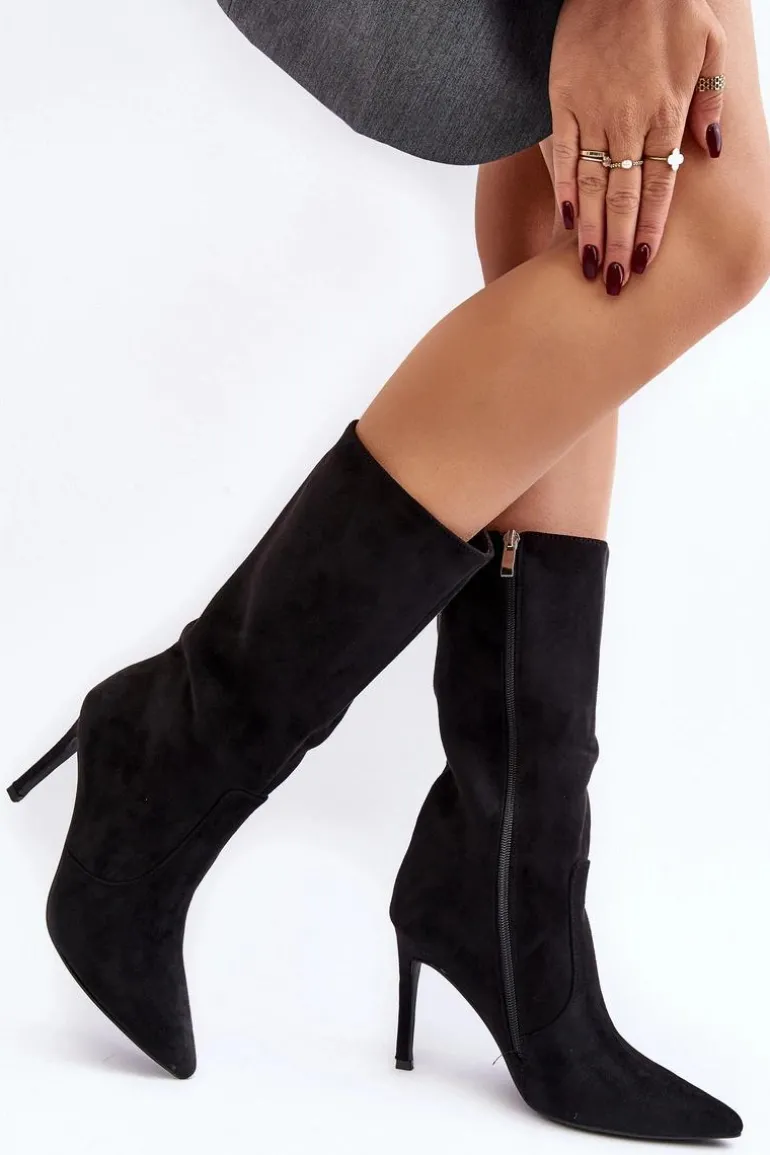 Damskie Kozaki Do Połowy Łydki Na Szpilce Czarne Odetteia