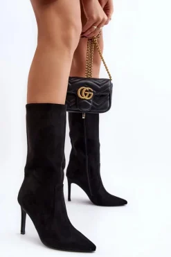 Damskie Kozaki Do Połowy Łydki Na Szpilce Czarne Odetteia